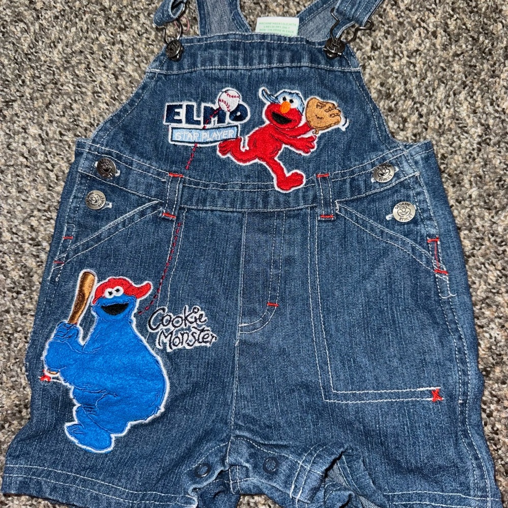 Sesame Street Blue Denim Overalls with Elmo and Cookie Monster